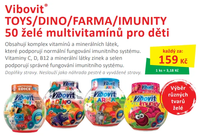 Vibovit TOYS/DINO/FARMA/IMUNITY 50 želé multivitamínů pro děti. Cena 159Kč.